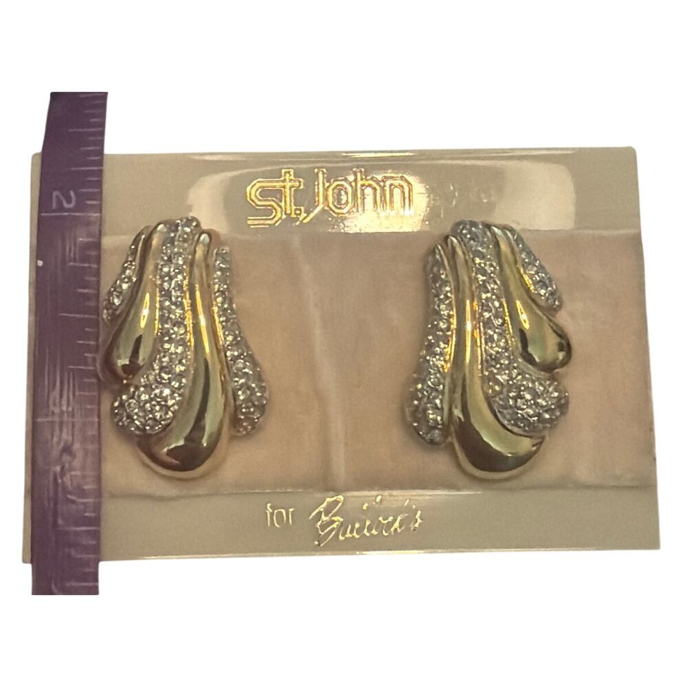St. John Gold-tone Pave Crystal Wave Clip-back Earrings, Vintage - Picture 4 of 4